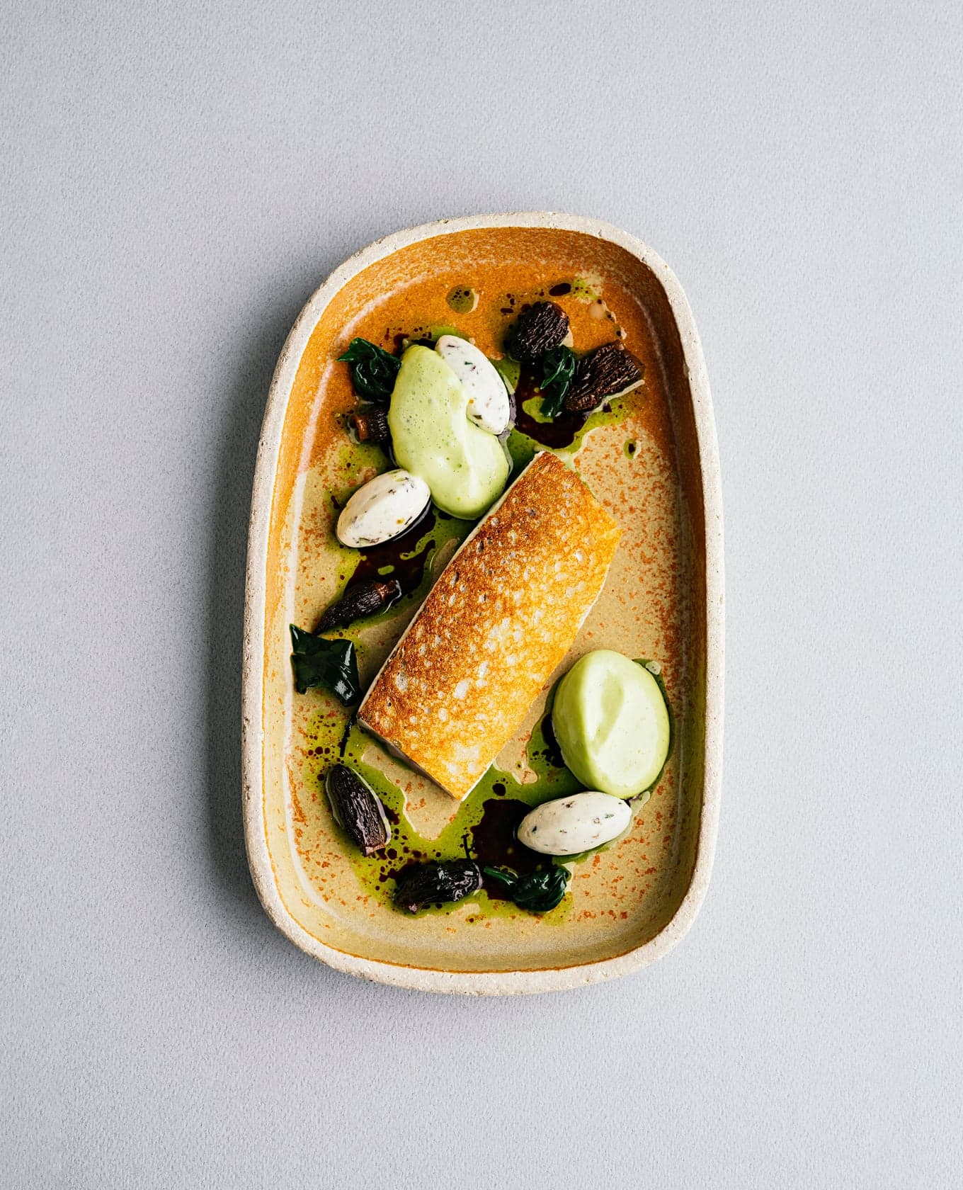 A fillet of lake fish on a hand-thrown stoneware dish, herb sauces and morels arranged around it.