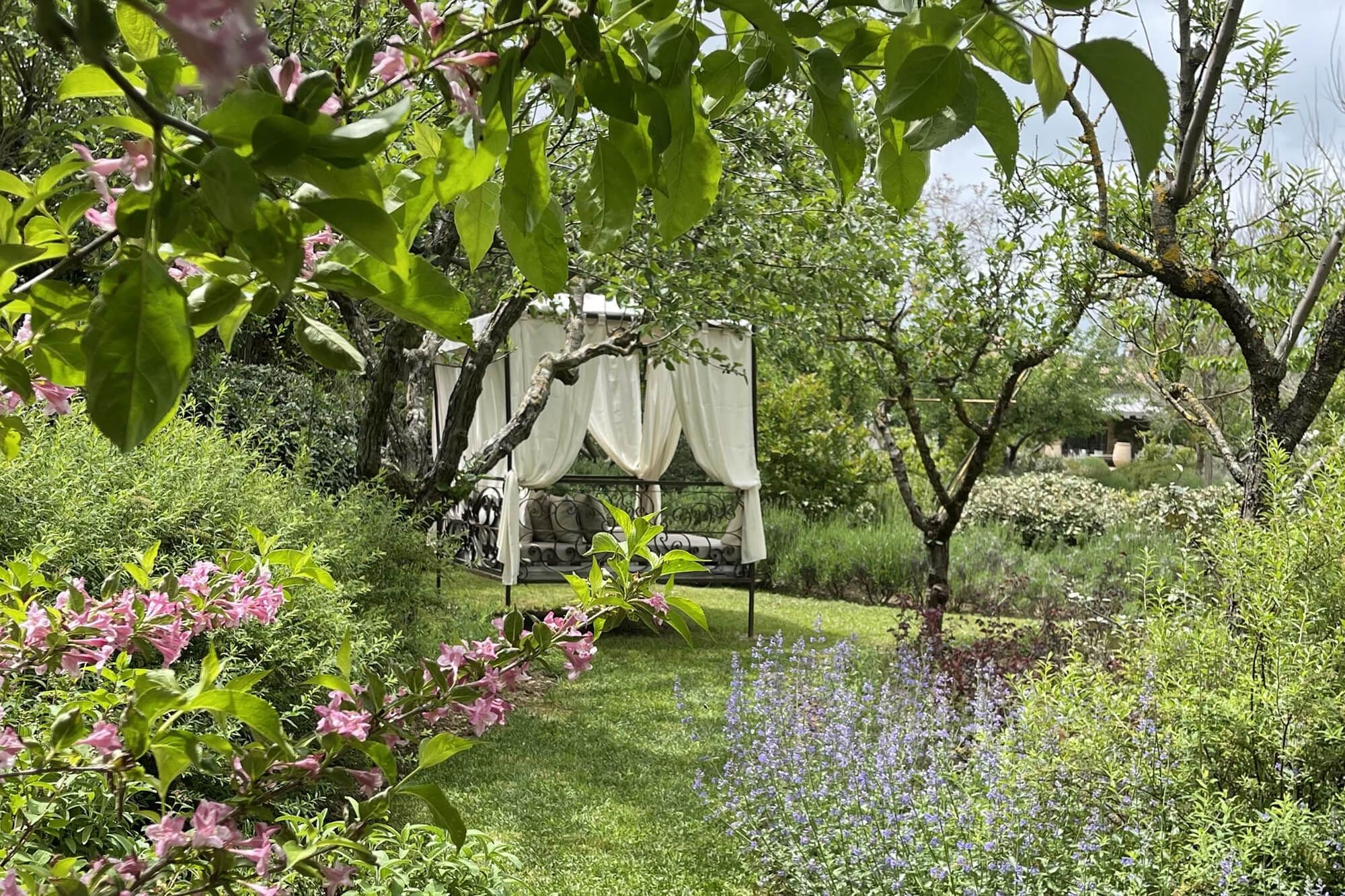 A muslin-curtained garden swing in a Tuscan flower garden, fruit trees and lavender at the edges of the lawn.