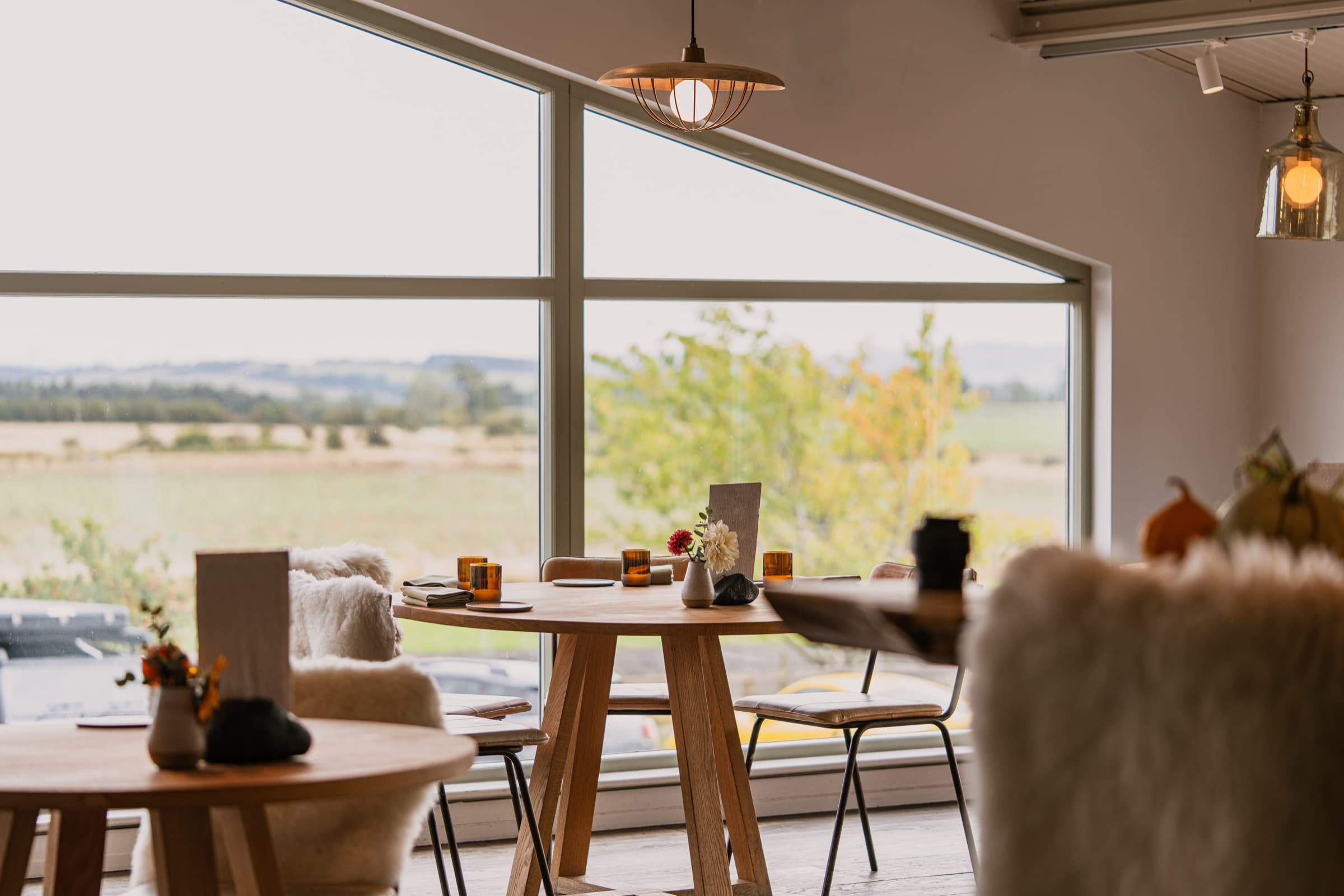 The Pine dining room — round oak tables on a polished floor, sheepskin-draped chairs and a low orange-shaded pendant, a wide angled window opening onto the soft yellow stubble of a Northumberland autumn field.